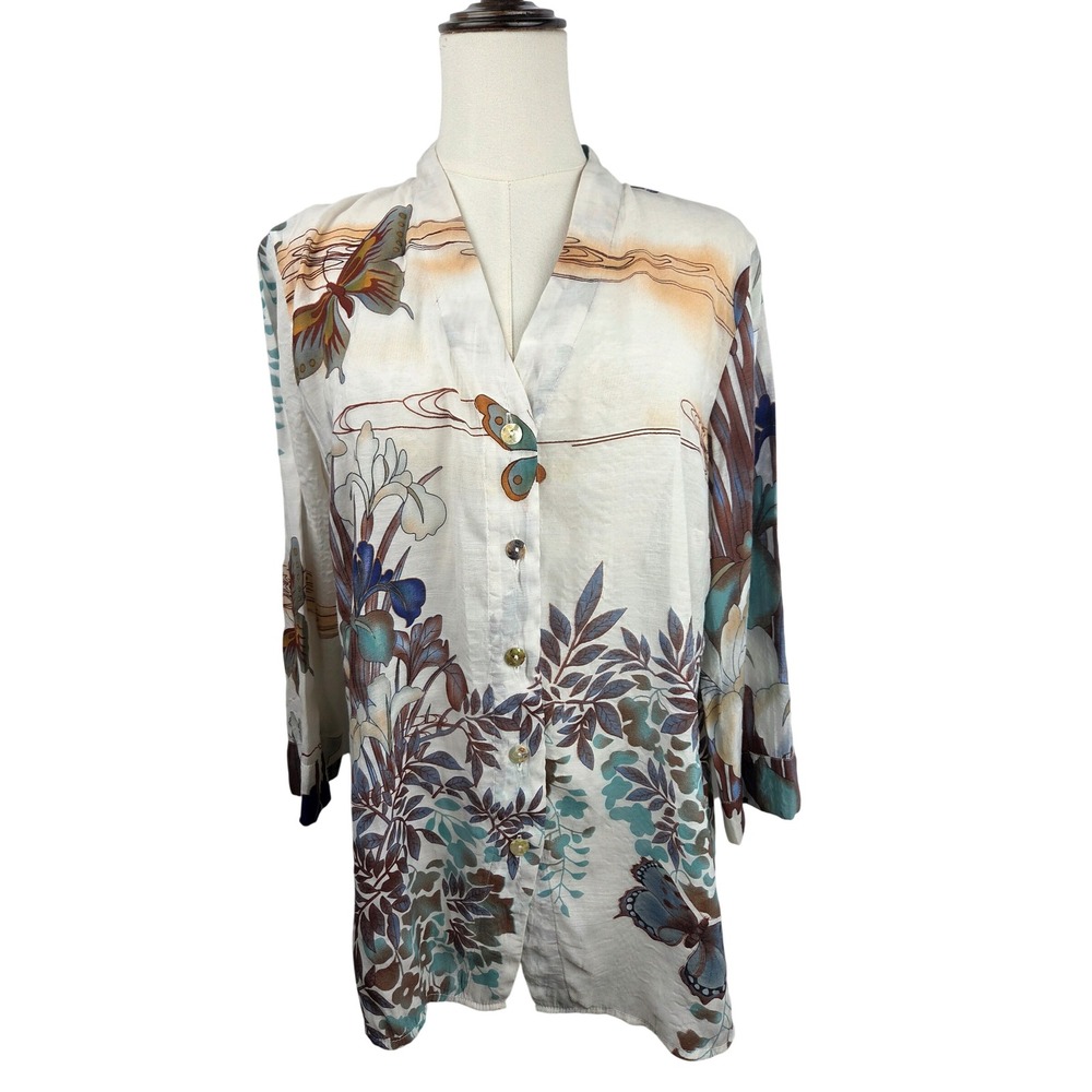 Citron Santa Monica Tunic Large White Butterfly Bamboo Rayon Button Down Artsy